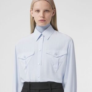 BURBERRY Logo Detail Pure Silk Crepe de Chine Oversized Shirt - Pale Blue